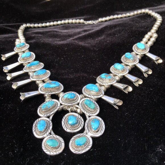 Vintage Sterling Silver Navajo Kingman Turquoise Squash Blossom Necklace Jewelry - Picture 1 of 16